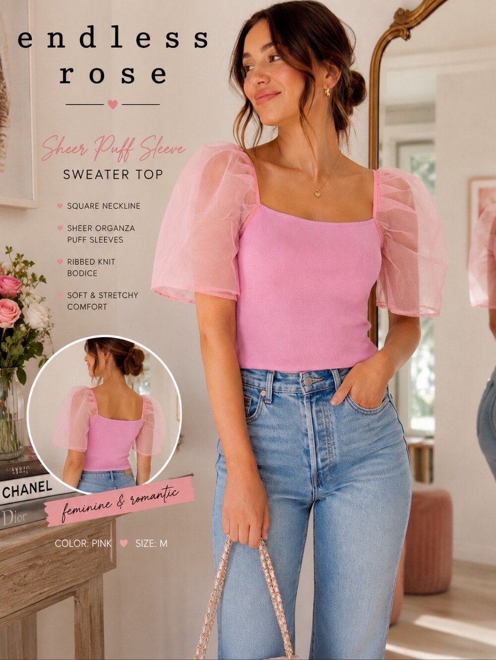 Endless Rose Pink Sheer Puff Sleeve Ribbed Knit Sweater Top Coquette Balletcore